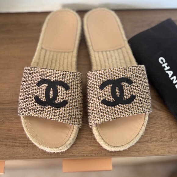 Chanel Women's CC Espadrille Slide Sandals Tweed - Picture 1 of 11